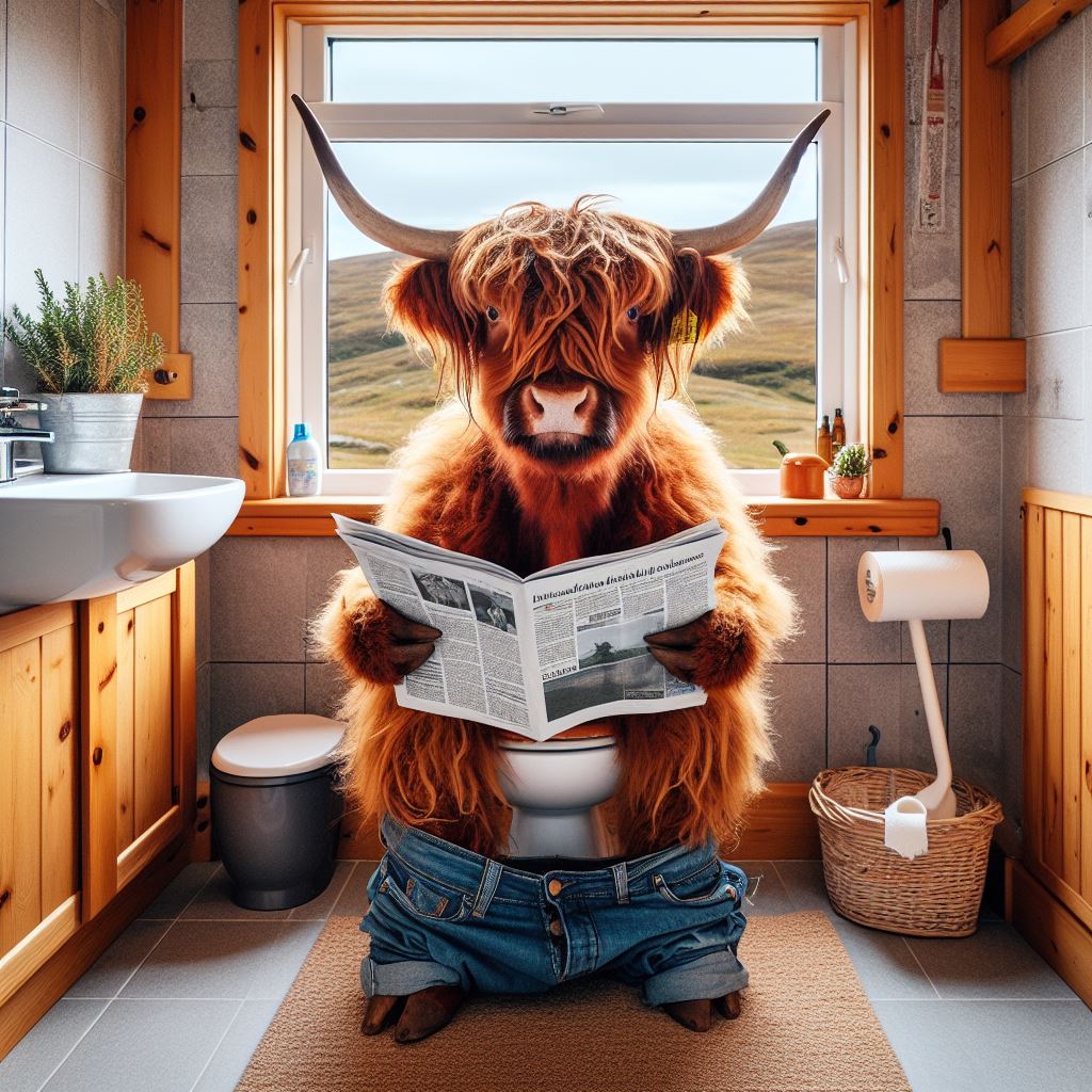 Framed Highland Cow Reading Paper on Toilet – Keepsakes