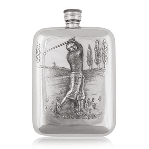 A Luxury designed embossed golfer Pewter Hip flask. They are a beautiful idea for storing your drink,  the embossed image shows a man swinging his golf club whilst golfing on a course.