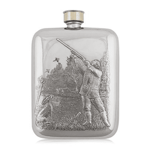 Luxury Pewter Hip flask with an embossed design showing a man out hunting, the cap at the top is in the design of a bullet cartridge.