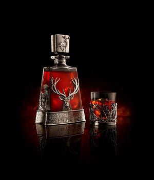 A Whisky Decanter a showing a beautiful Celtic design featuring a Stag and Thistle. 
