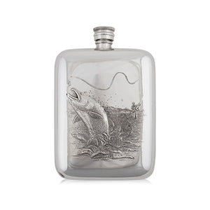 A Luxury designed embossed Fishing Pewter Hip flask. They are a beautiful idea for storing your drink, the flask shows an embossed image of a fish being pulled out of the water via a fishing line.