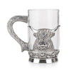 A glass and pewter designed tankard featuring a Highland Cow design.