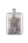 A hip flask made from pewter Featuring the Scottish Piper and his bagpipes.